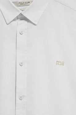 Camisa blanca de lino y algodón regular fit con logo bordado
