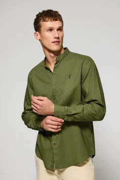Camisa caqui de cuello mao de lino y algodón con bordado Rigby Go