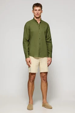 Camisa caqui de cuello mao de lino y algodón con bordado Rigby Go