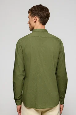 Camisa caqui de cuello mao de lino y algodón con bordado Rigby Go