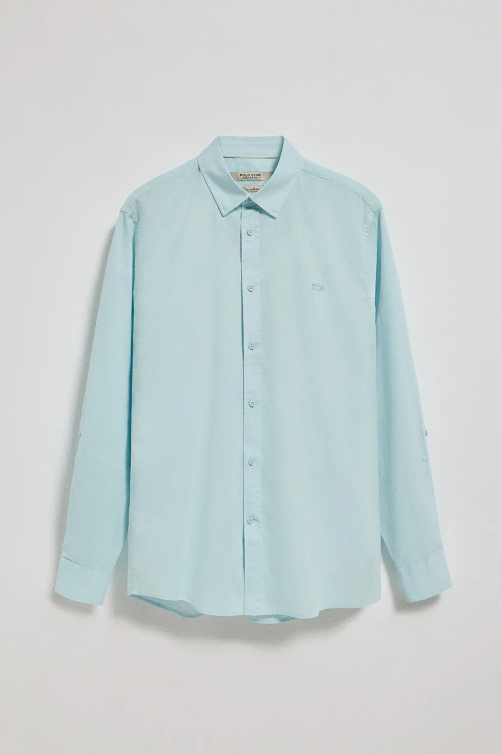 Camisa color aguamarina de lino y algodón regular fit con logo bordado