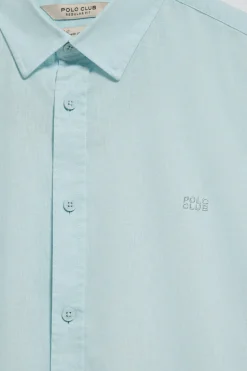 Camisa color aguamarina de lino y algodón regular fit con logo bordado