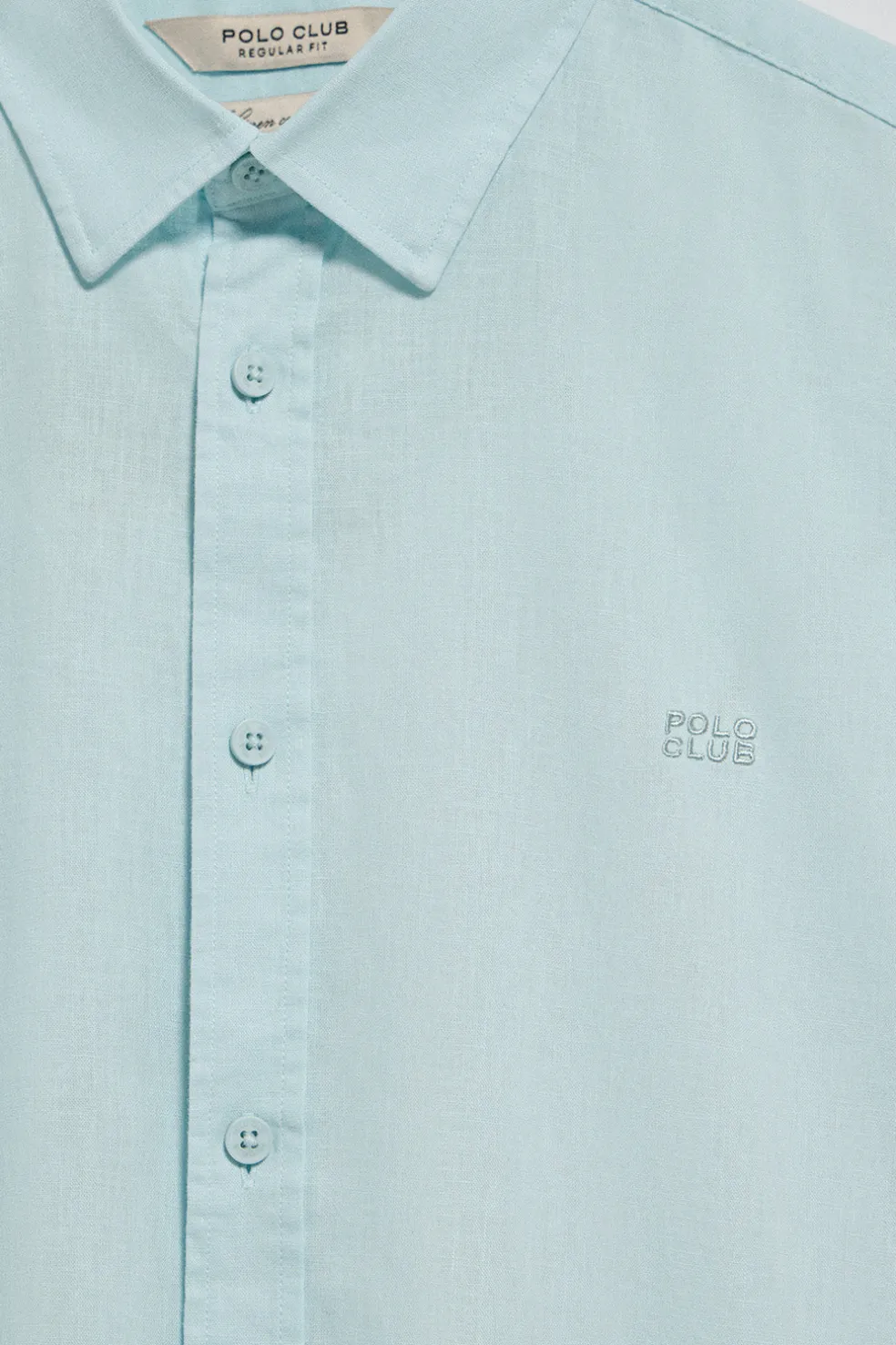 Camisa color aguamarina de lino y algodón regular fit con logo bordado