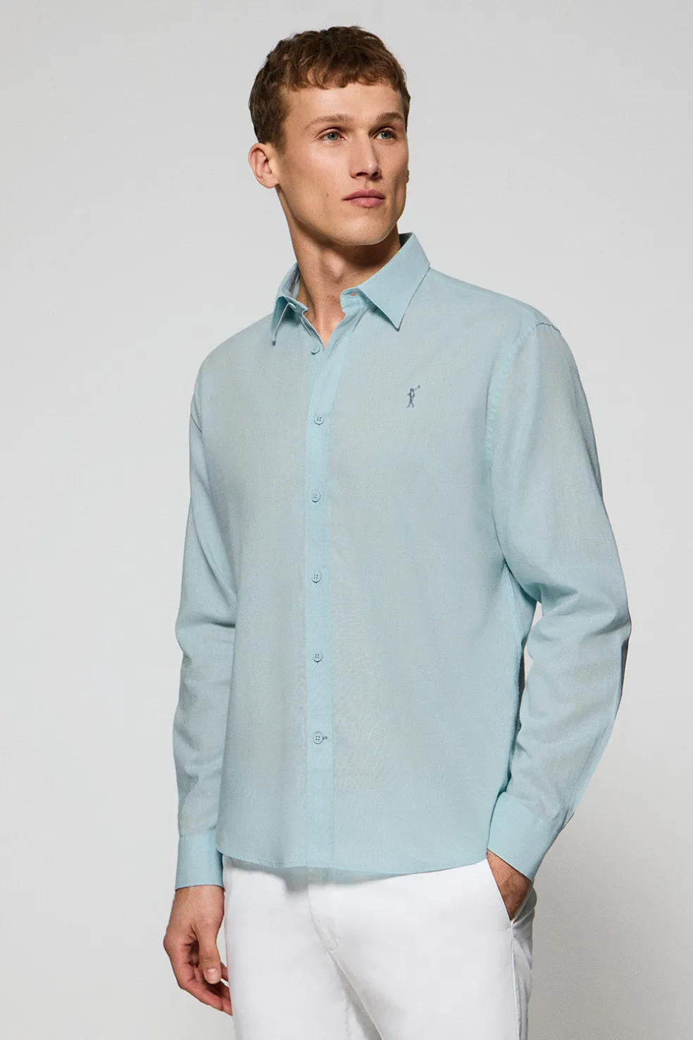 Camisa color aguamarina regular de lino y algodón con bordado Rigby Go