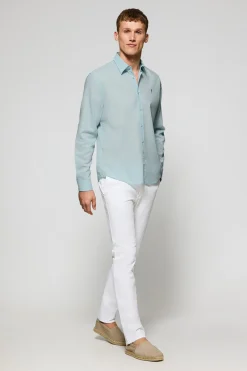 Camisa color aguamarina regular de lino y algodón con bordado Rigby Go