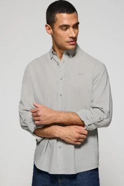 Camisa gris de lino y algodón regular fit con logo bordado