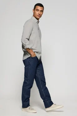 Camisa gris de lino y algodón regular fit con logo bordado