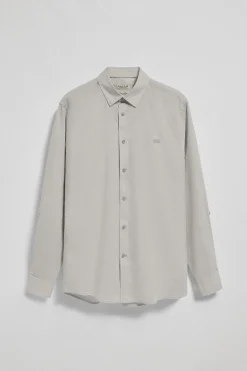 Camisa gris de lino y algodón regular fit con logo bordado