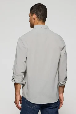 Camisa gris de lino y algodón regular fit con logo bordado