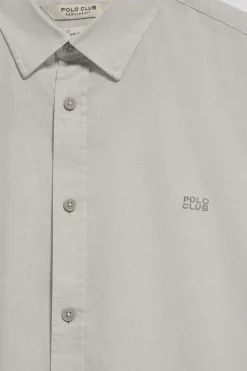 Camisa gris de lino y algodón regular fit con logo bordado