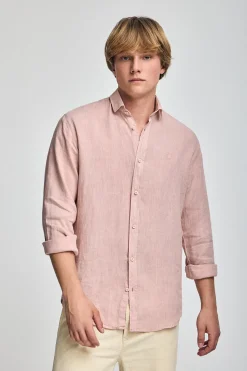 Camisa rosa taupe de lino garment dye con monograma bordado