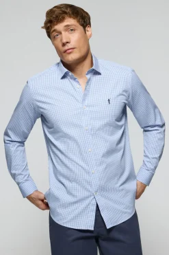 Camisa slim cuadro vichy azul de popelín con logo bordado Rigby Go