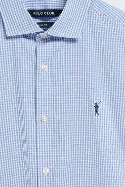 Camisa slim cuadro vichy azul de popelín con logo bordado Rigby Go