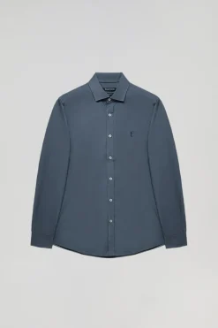 Camisa Slim de popelín azul denim con logo Rigby Go