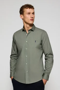 Camisa slim de popelín caqui con logo bordado Rigby Go