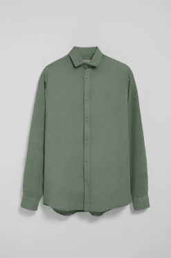 Camisa verde botella de lino garment dye con monograma bordado