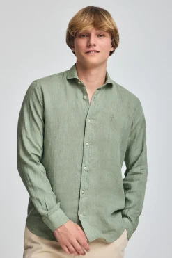 Camisa verde militar de lino garment dye con bordado Rigby Best