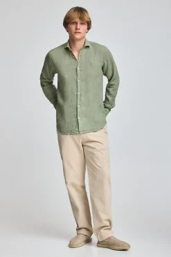 Camisa verde militar de lino garment dye con bordado Rigby Best