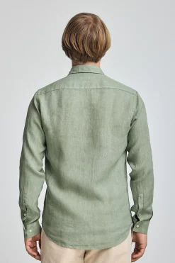 Camisa verde militar de lino garment dye con bordado Rigby Best