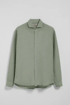 Camisa verde militar de lino garment dye con bordado Rigby Best