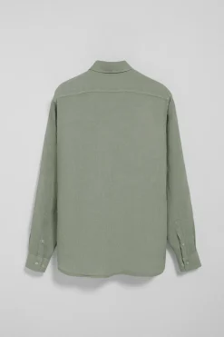 Camisa verde militar de lino garment dye con bordado Rigby Best