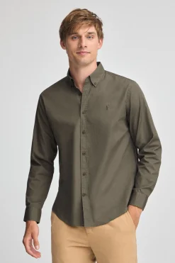 Camisa verde militar de poplin y corte regular con logo Rigby Go