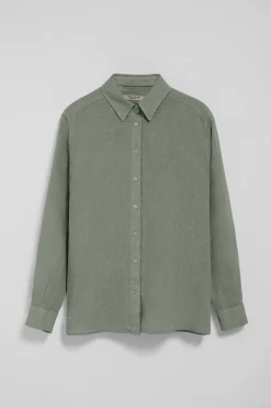 Camisa verde militar garment dye de lino con monograma bordado