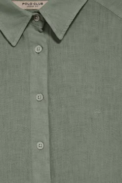 Camisa verde militar garment dye de lino con monograma bordado
