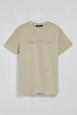 Camiseta Apolo garment dyed color piedra con logo Polo Club aterciopelado