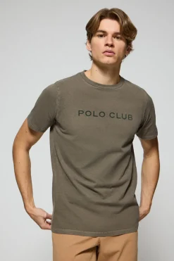 Camiseta Apolo garment dyed verde militar con logo Polo Club aterciopelado