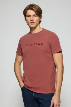 Camiseta Apolo garment dyed roja con logo Polo Club aterciopelado