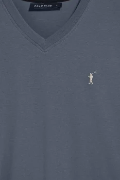 Camiseta azul denim con cuello de pico y logo bordado Rigby Go