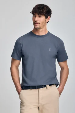 Camiseta azul denim con cuello redondo y bordado Rigby Go
