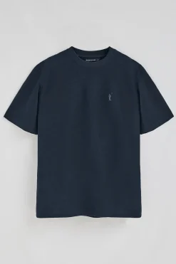 Camiseta azul marino de algodón y lino con bordado Rigby Go