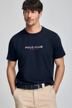 Camiseta azul marino de cuello redondo y logo engomado
