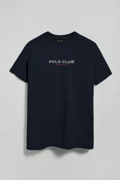 Camiseta azul marino de cuello redondo y logo engomado