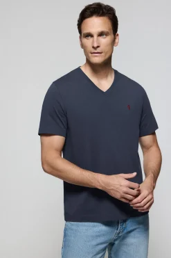 Camiseta azul marino de cuello de pico y manga corta con bordado Rigby Go