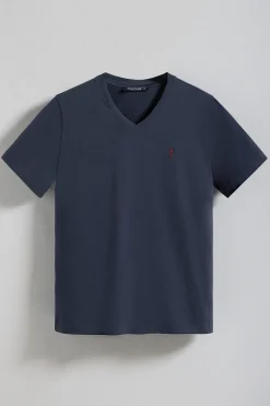 Camiseta azul marino de cuello de pico y manga corta con bordado Rigby Go