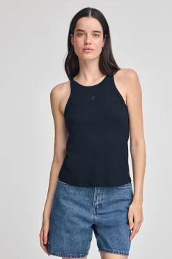 Camiseta azul marino de lino y algodón con monograma bordado