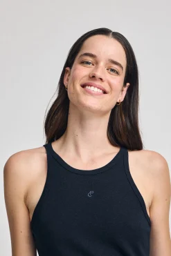 Camiseta azul marino de lino y algodón con monograma bordado
