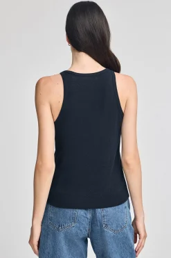 Camiseta azul marino de lino y algodón con monograma bordado