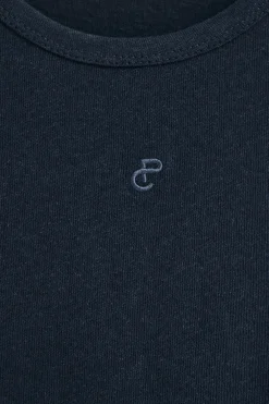 Camiseta azul marino de lino y algodón con monograma bordado