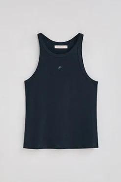 Camiseta azul marino de lino y algodón con monograma bordado