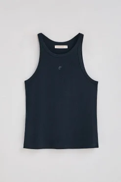 Camiseta azul marino de lino y algodón con monograma bordado