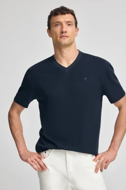 Camiseta azul marino en lino y algodón de cuello en pico y monograma bordado