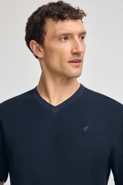 Camiseta azul marino en lino y algodón de cuello en pico y monograma bordado