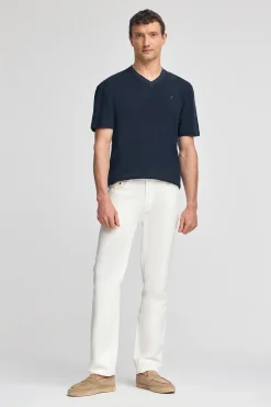 Camiseta azul marino en lino y algodón de cuello en pico y monograma bordado