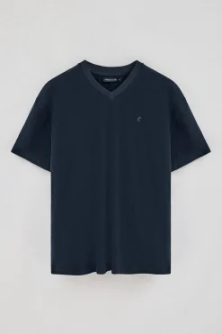 Camiseta azul marino en lino y algodón de cuello en pico y monograma bordado