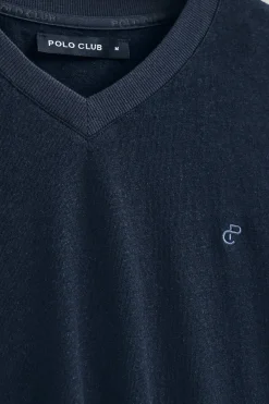 Camiseta azul marino en lino y algodón de cuello en pico y monograma bordado