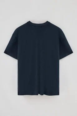 Camiseta azul marino en lino y algodón de cuello en pico y monograma bordado